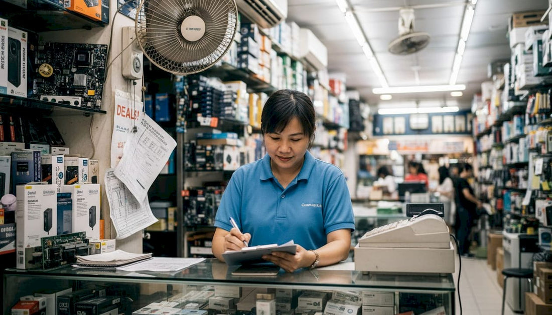 Store manager organizing Sim Lim Square electronics shop