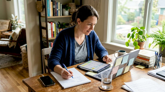 Woman comparing productivity tools at home office desk
