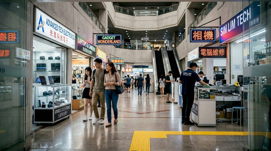 Shoppers exploring main floor of tech mall
