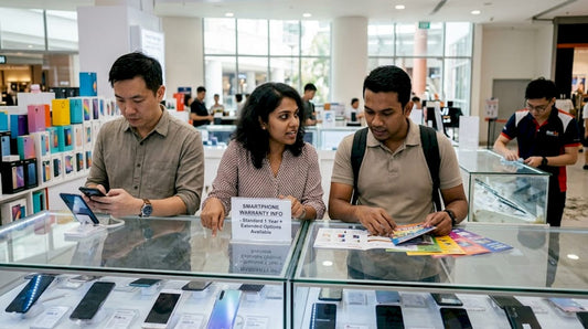 Singapore shoppers comparing tech gadgets at store