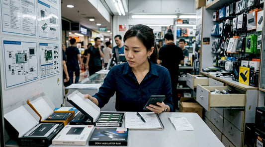 Shopper comparing laptop upgrades in Singapore electronics store