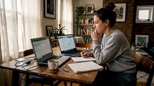 Person comparing two laptops on tidy home table