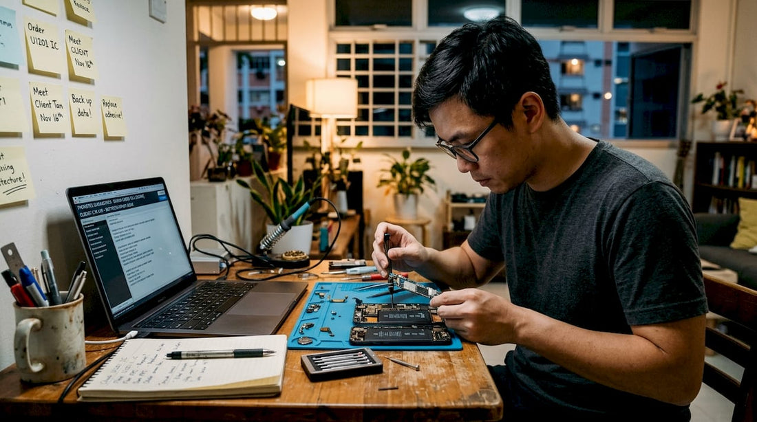 Man refurbishing electronics at home desk