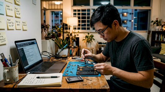 Man refurbishing electronics at home desk