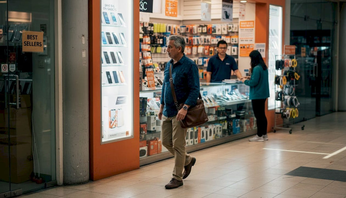 Man browsing gadget shops at Sim Lim Square