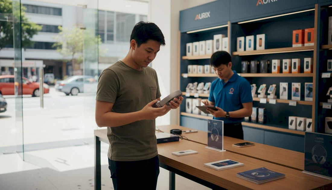 Shopper testing headphones in Singapore tech retail store