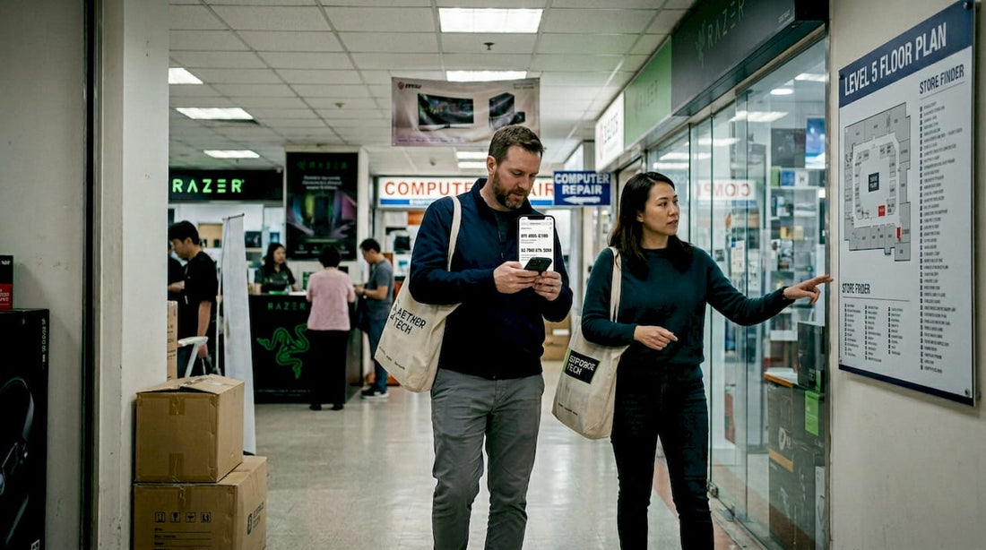 Shoppers searching tech deals inside Sim Lim Square