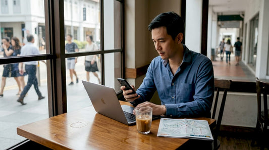 Businessman comparing tech shopping options on laptop