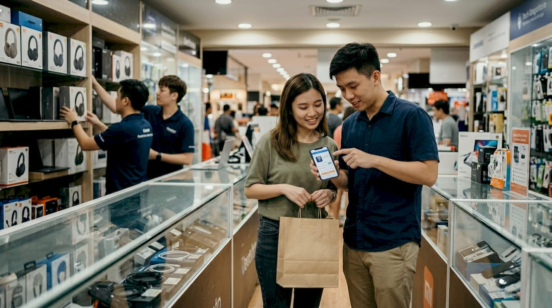Shoppers browsing gadgets in Singapore tech store