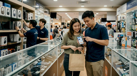 Shoppers browsing gadgets in Singapore tech store