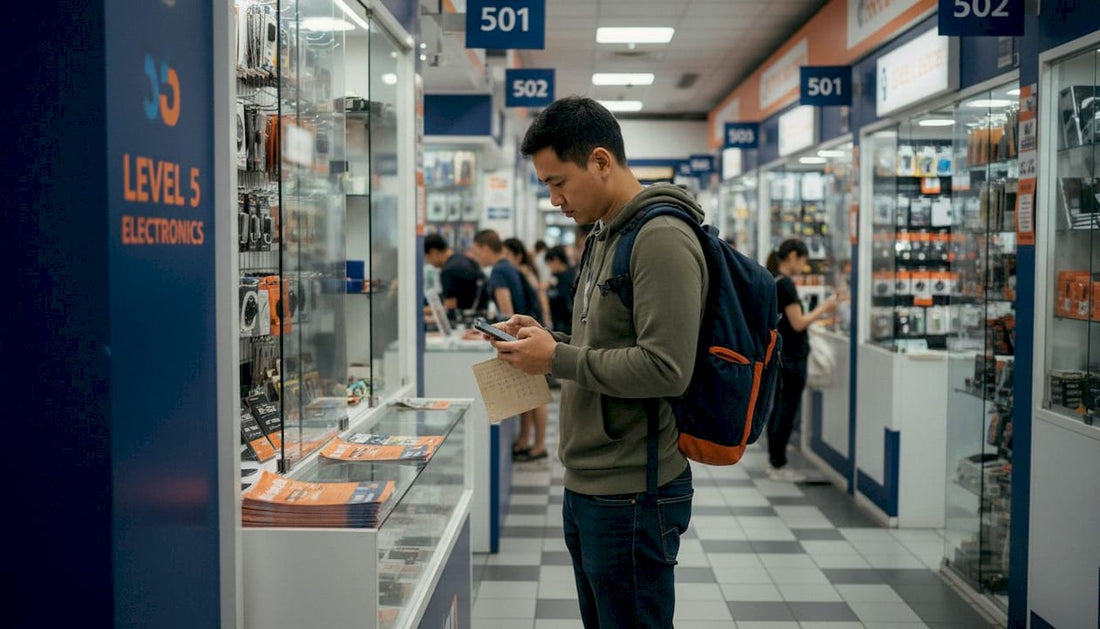 Shopper checks checklist at Sim Lim Square kiosk