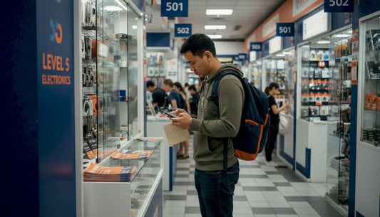 Shopper checks checklist at Sim Lim Square kiosk