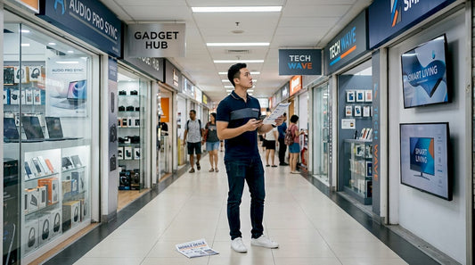 Shopper browsing electronics stores at Sim Lim Square