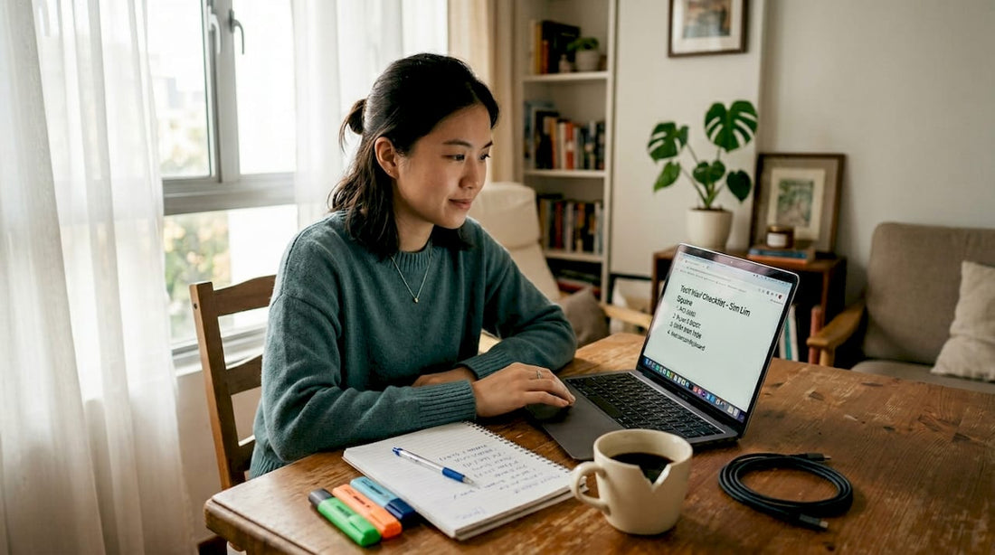 Woman planning tech shopping checklist at home