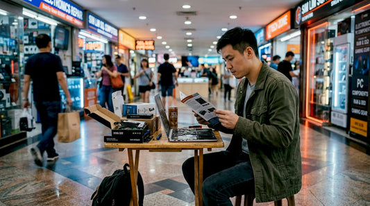 Tech enthusiast researches gadgets in Sim Lim Square