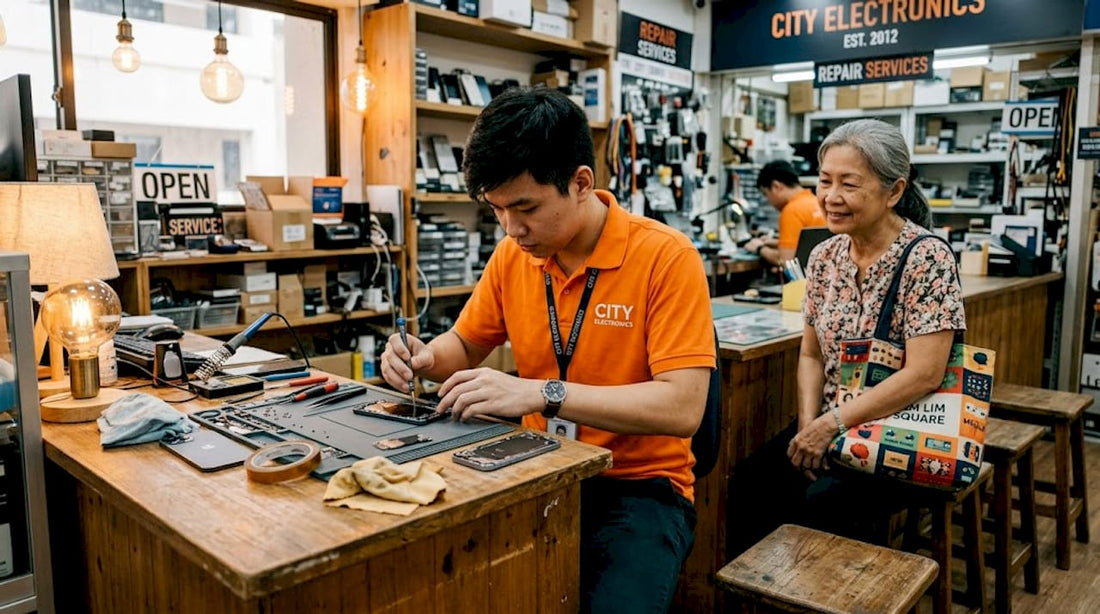 Technician replaces phone screen at store counter