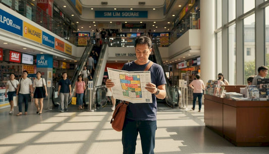 Shopper checking Sim Lim Square floor guide