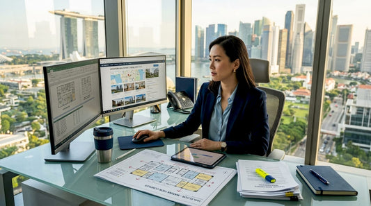 Professional reviewing property listings at Singapore office desk