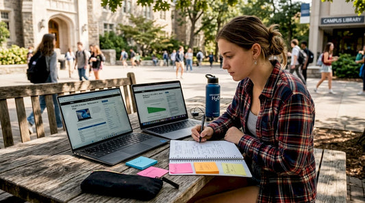 Student comparing laptops in study lounge