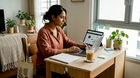 Woman comparing laptop options at home desk