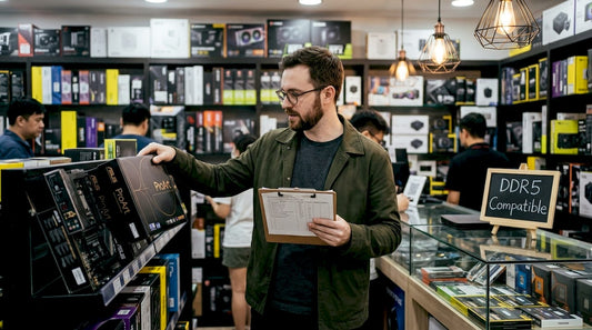 Shopper examining PC components in Sim Lim Square