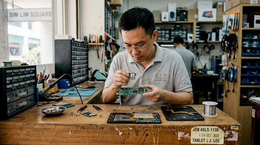 Technician examines circuit board in Sim Lim Square shop