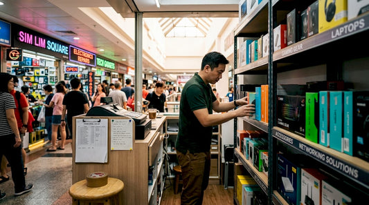 Sim Lim Square shop owner arranging tech products