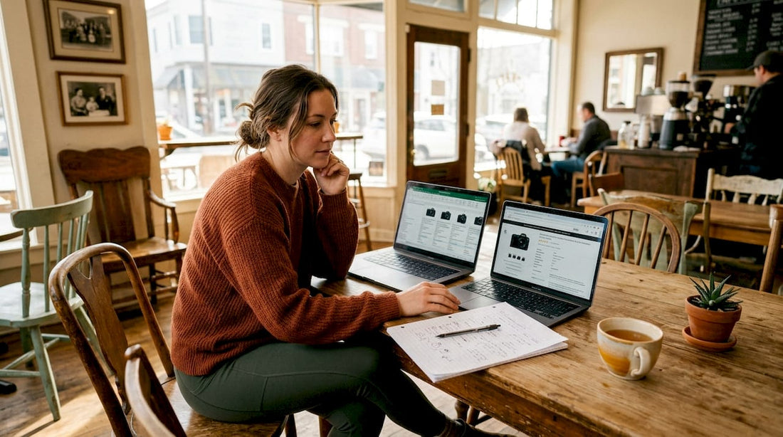 Woman comparing budget laptop options at kitchen table
