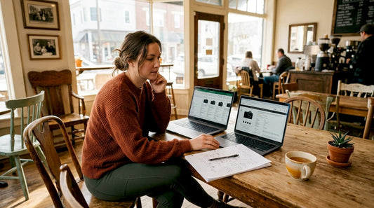 Woman comparing budget laptop options at kitchen table