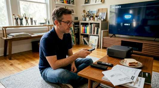Man compares projector and TV in home living room