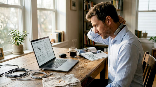 Man adjusting wearable thermostat at kitchen table