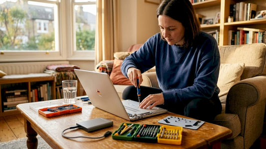 Home laptop repair workspace with tools