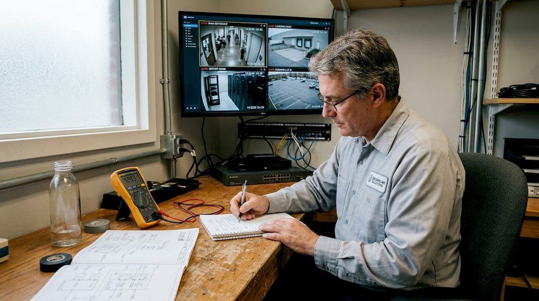 Security technician reviewing CCTV feeds at workstation