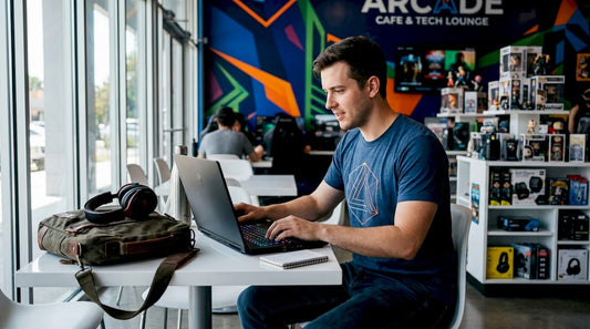 Gamer testing gaming laptop in store