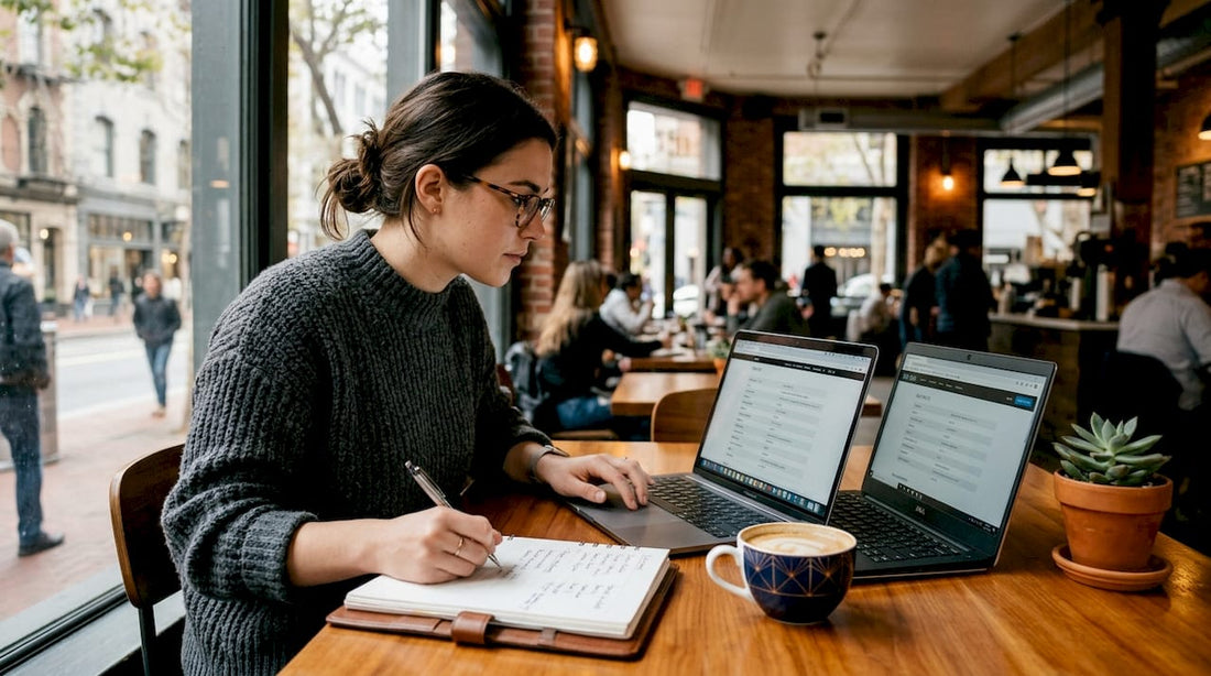 Woman comparing laptops in home office