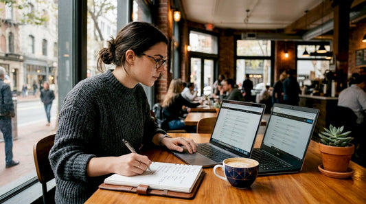 Woman comparing laptops in home office