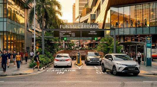 Funan carpark entrance with vehicles and signage