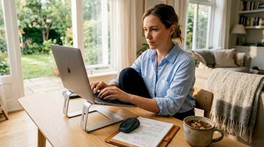 Woman typing on laptop using ergonomic stand at home desk