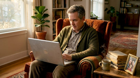 Man inspecting second-hand laptop at home office