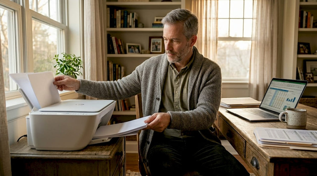 Man loading paper into inkjet printer at home