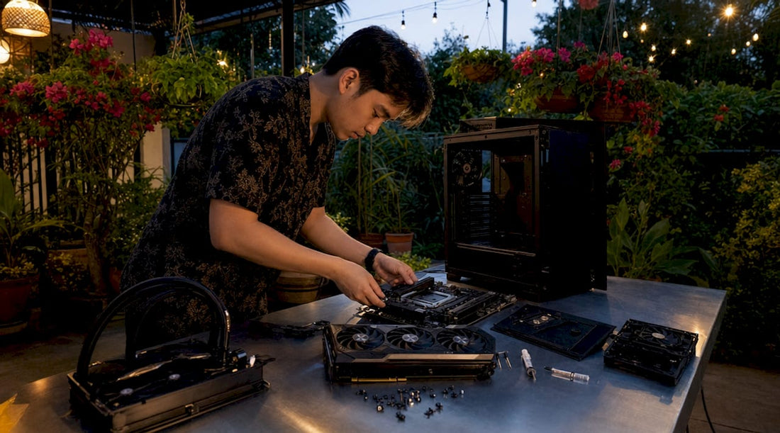 Man assembling custom gaming PC in workshop