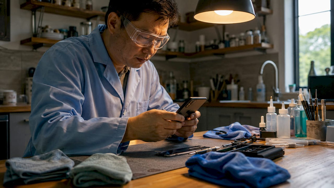 Technician inspecting smartphone in repair workshop