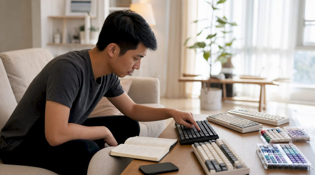 Man testing mechanical keyboard alternatives at home