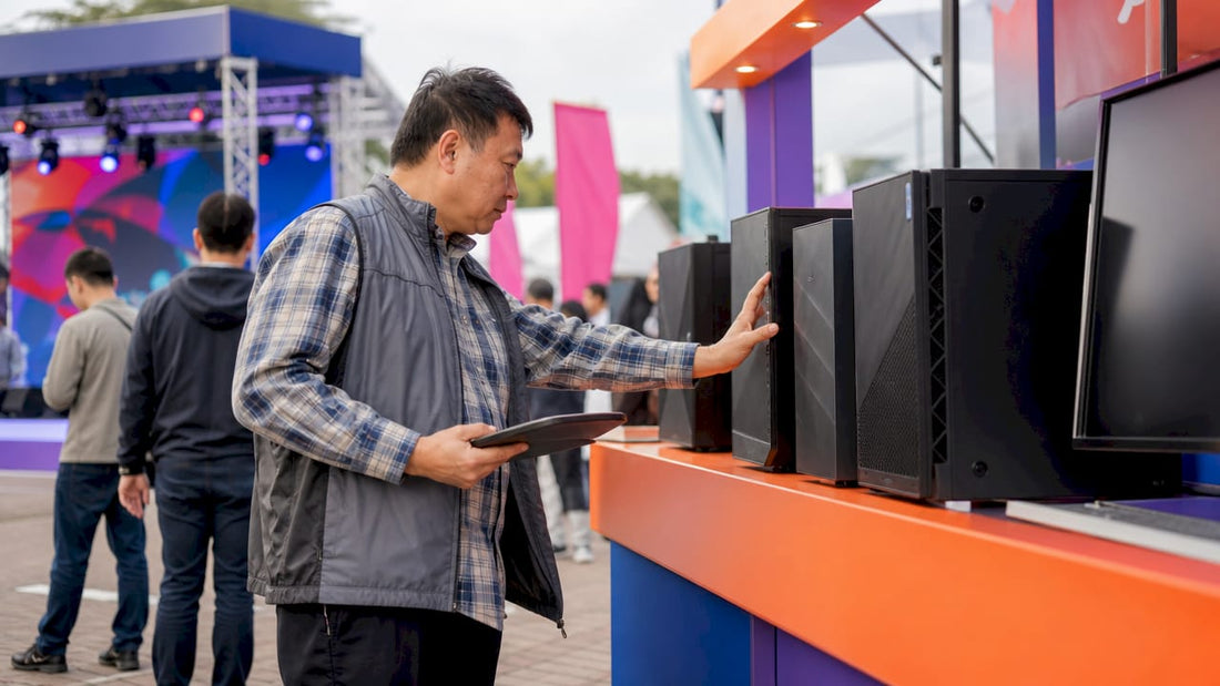 Man browsing desktop computers in retail showroom