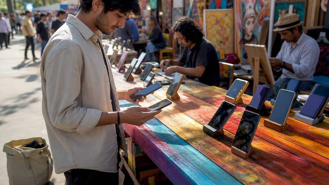 Shopper comparing mobile devices in electronics store
