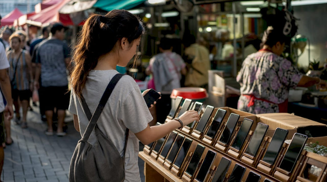 Customer browsing mobile phones at Sim Lim Square store