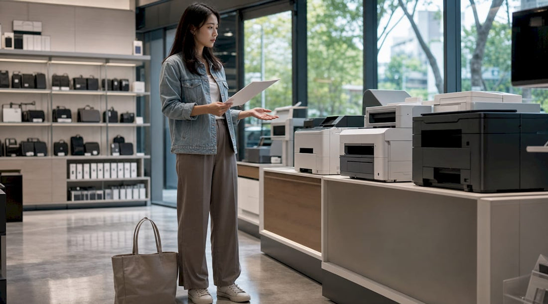 Shopper comparing printers at tech mall display