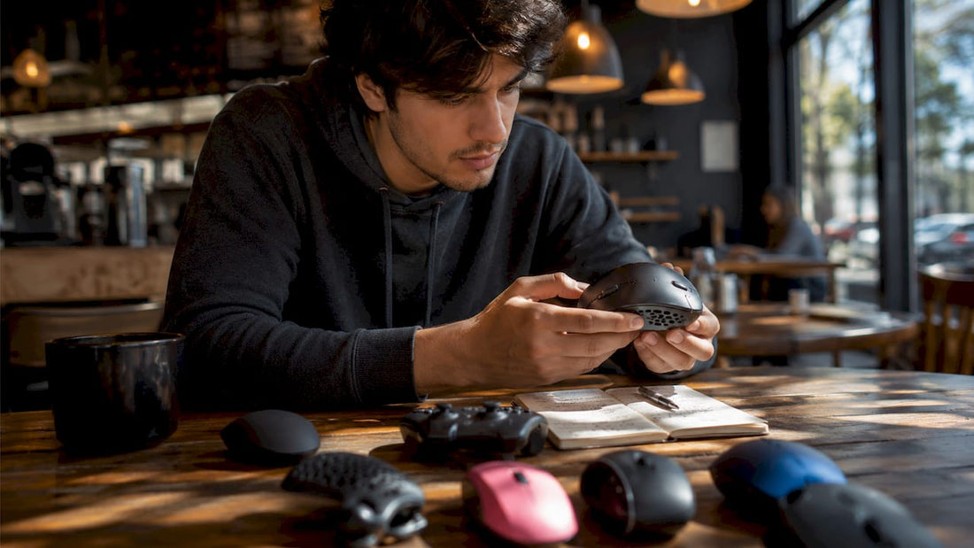 Gamer examining gaming mouse in modern living room