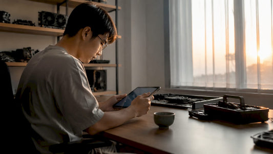 Person researching computer components at home desk