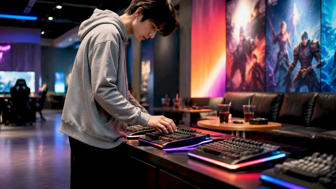 Person trying gaming keyboards in tech store